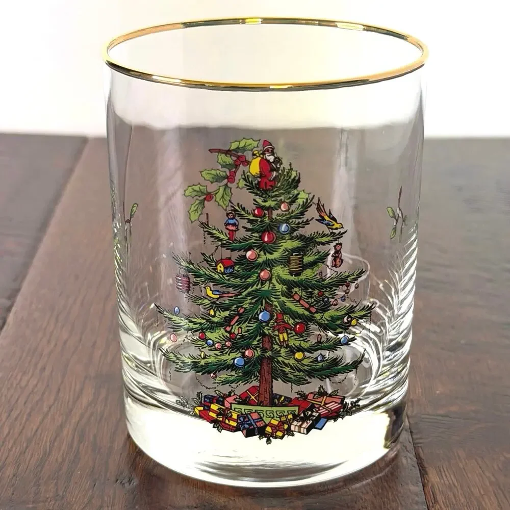 Spode Christmas Tree Set of 4 Double Old Fashioned Glasses with Gold Rim